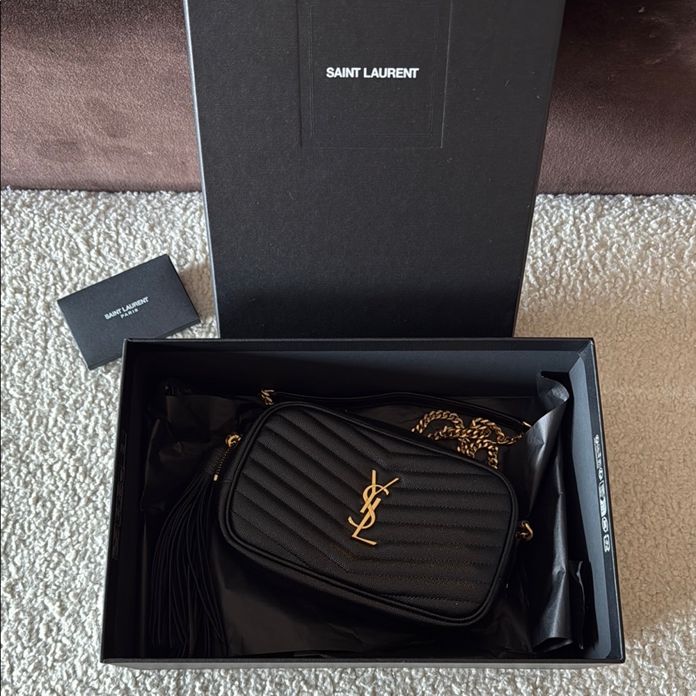 YSL Saint Laurent Lou Mini Quilted Textured-Leather Shoulder Bag / Gold Hardware